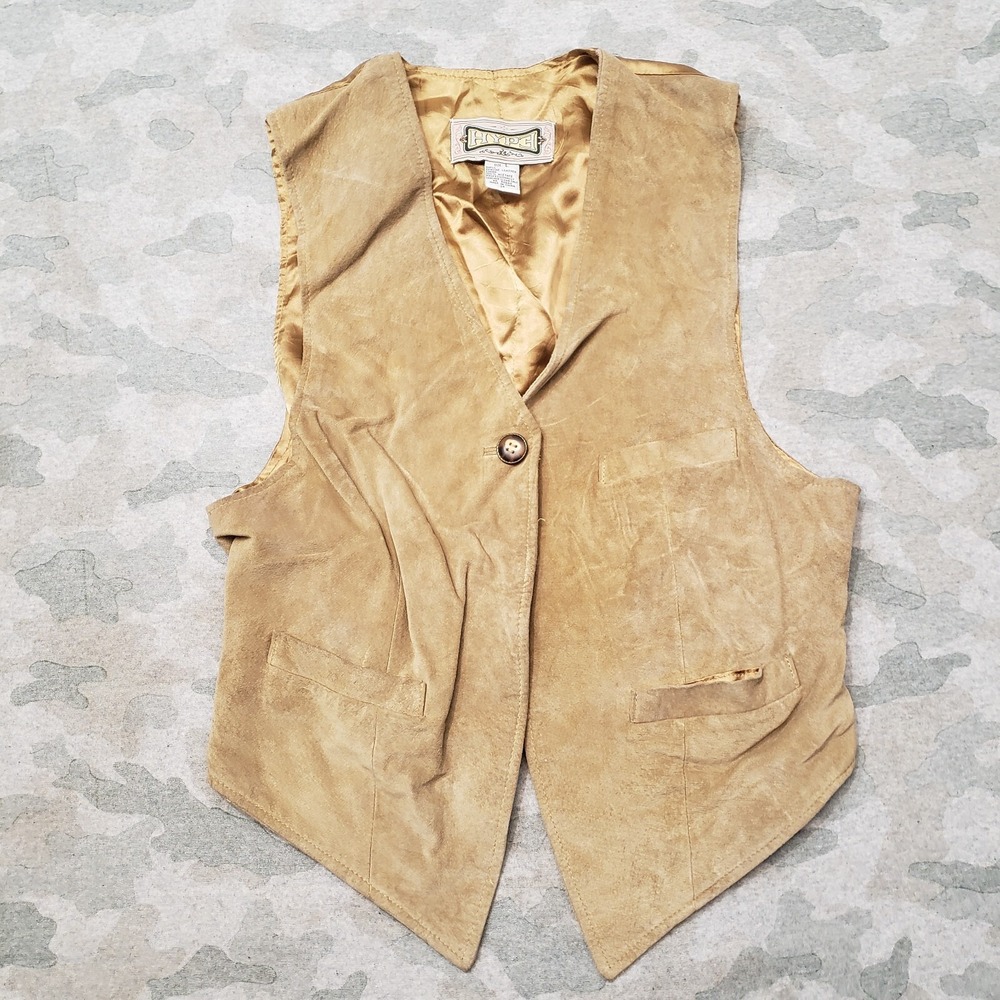 Vintage Hype Vest‎ Womens Large Brown Leather Pockets Sleeveless